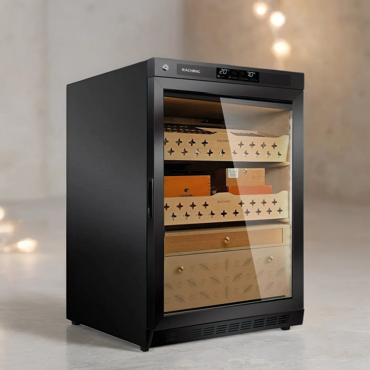 Black electric humidor with glass door displaying cigars on a neutral background