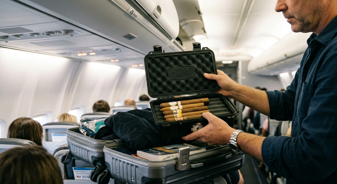 A traveler in an airplane cabin places an open, crushproof travel humidor with premium cigars and an analog hygrometer into an overhead luggage compartment.