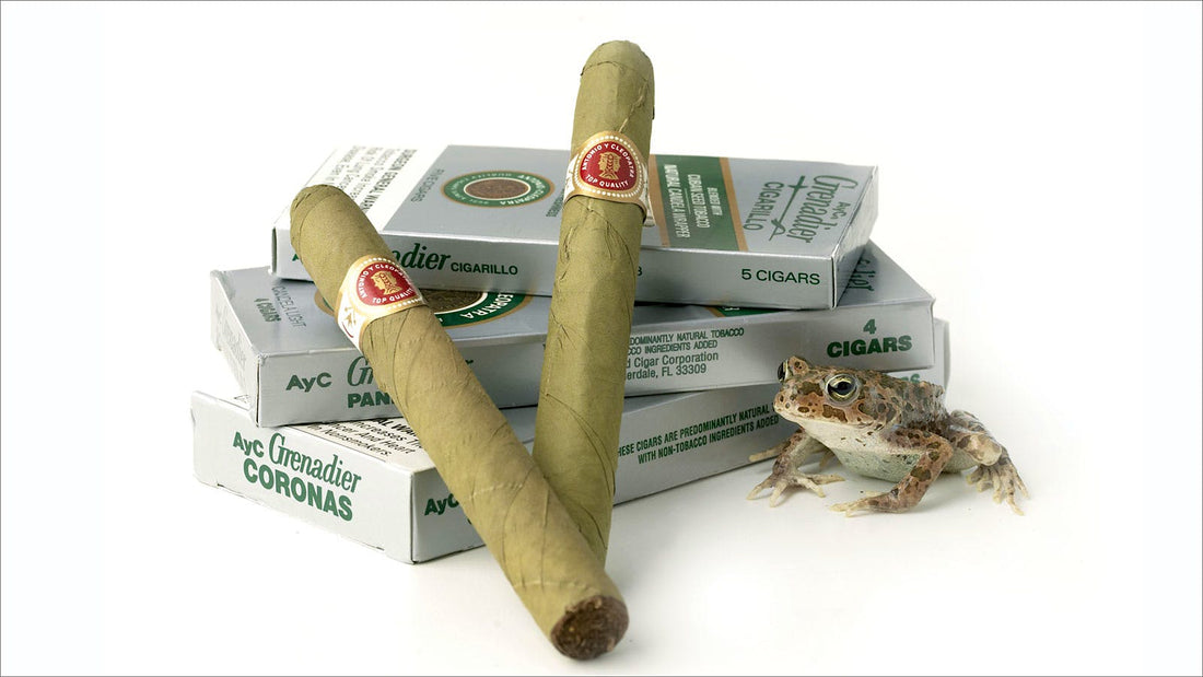 candela cigars next to their boxes and green frog