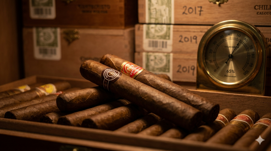 Aging cigars in front of cigar boxes and an analog hygrometer. 