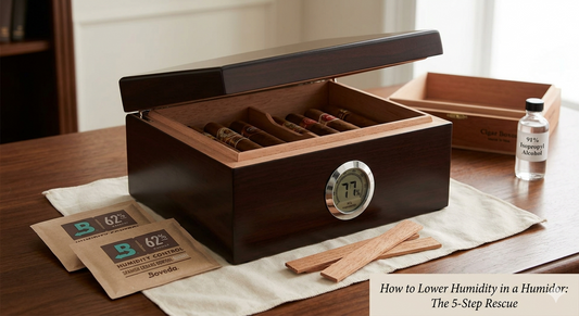 Slightly opened humidor next to Boveda humidity packs and bottle of isopropyl alcohol.