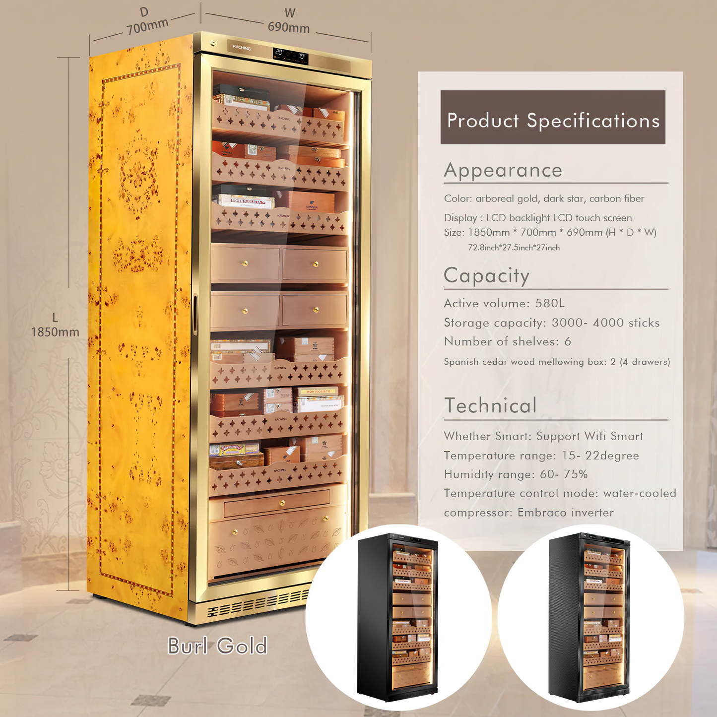 Raching MON5800A Gold Burl 3000-Cigar Climate Control Humidor