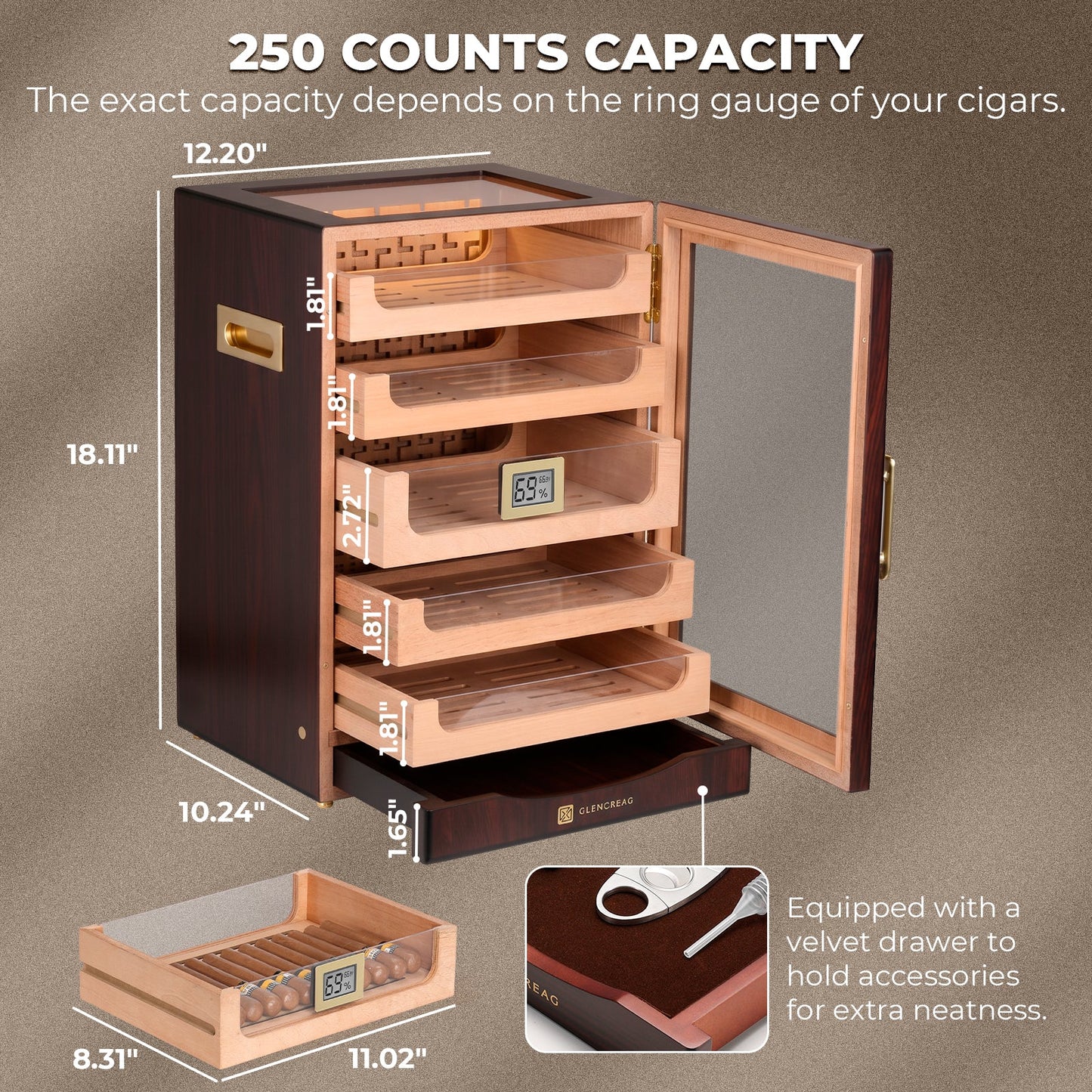 Glencreag M26FM-B Classic Cigar Humidor Cabinet - 250 Capacity