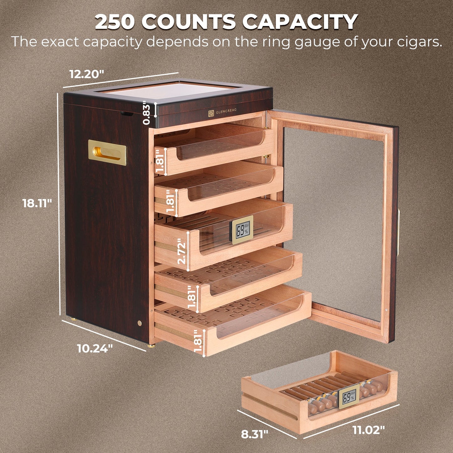 Glencreag M26FM-T Humidor Cabinet with Top Storage (250 Cigars)