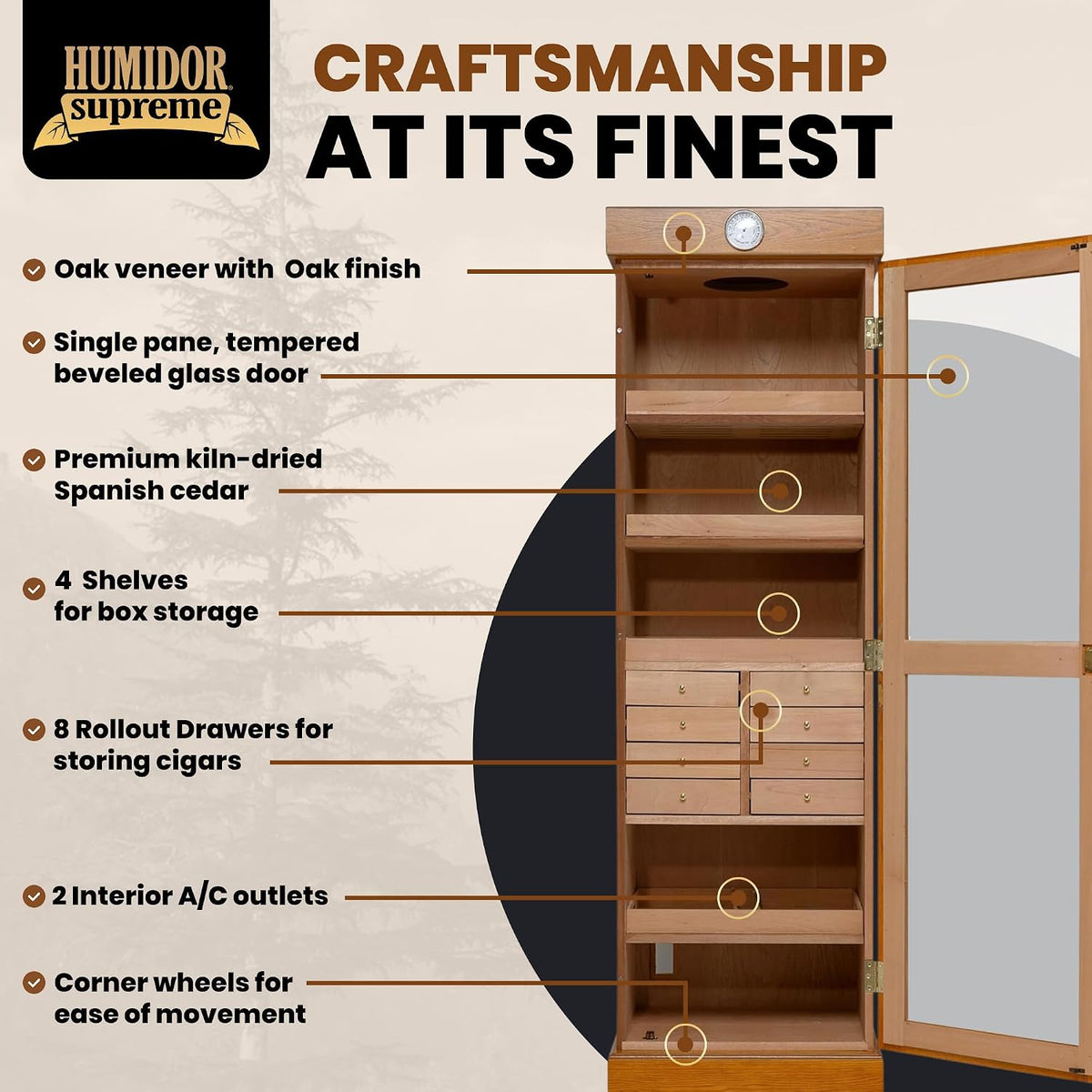 Humidor Supreme Oak Cigar Cabinet Tower Kit with Drawers (2,000+ Cigars)