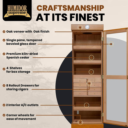 Humidor Supreme Oak Cigar Cabinet Tower Kit with Drawers (2,000+ Cigars)