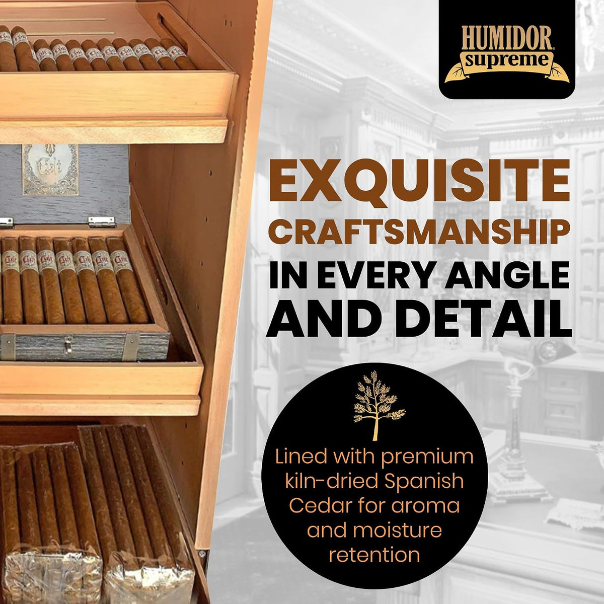 Humidor Supreme Oak Cigar Cabinet Tower Kit with Drawers (2,000+ Cigars)