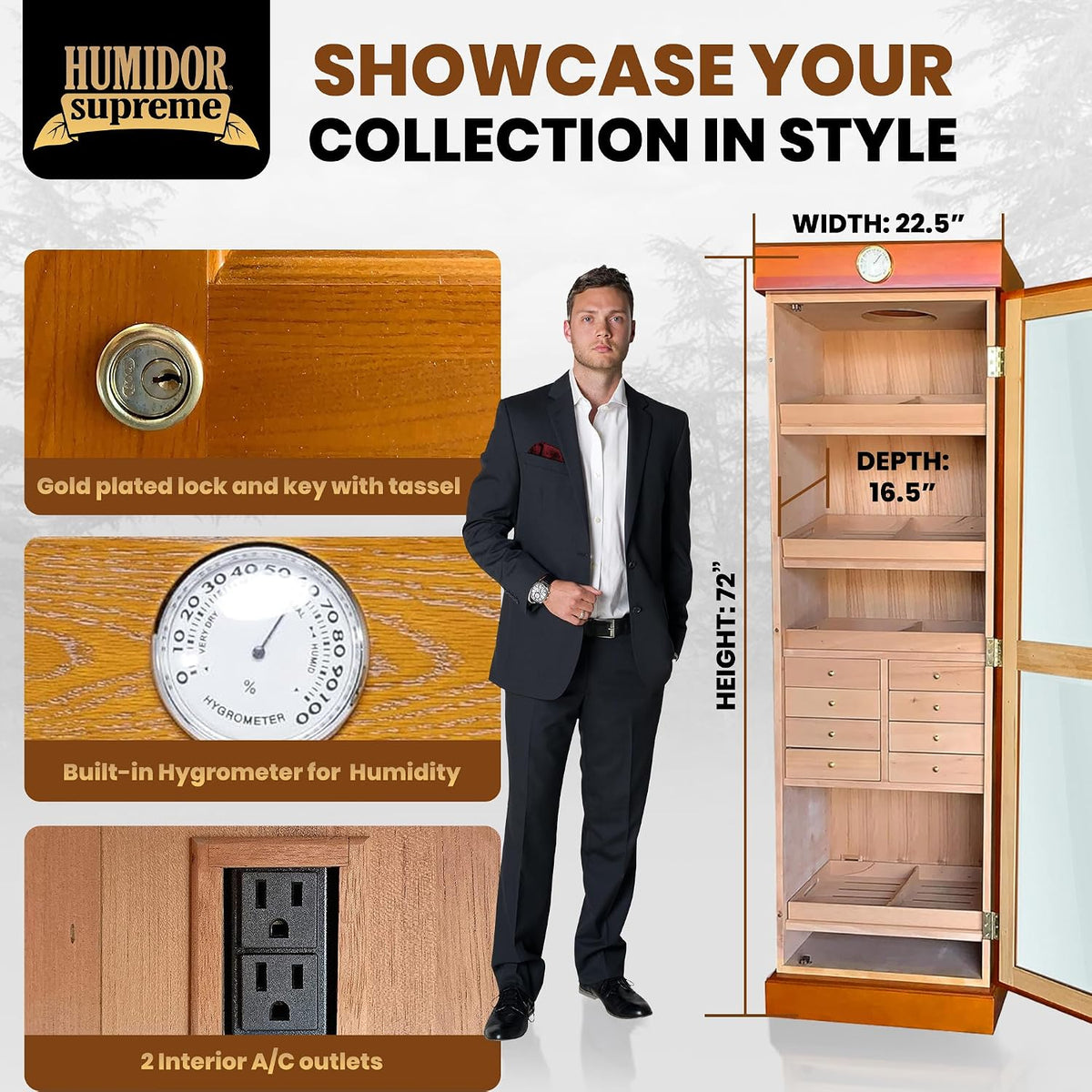 Humidor Supreme Oak Cigar Cabinet Tower Kit with Drawers (2,000+ Cigars)