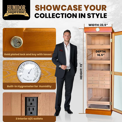 Humidor Supreme Oak Cigar Cabinet Tower Kit with Drawers (2,000+ Cigars)