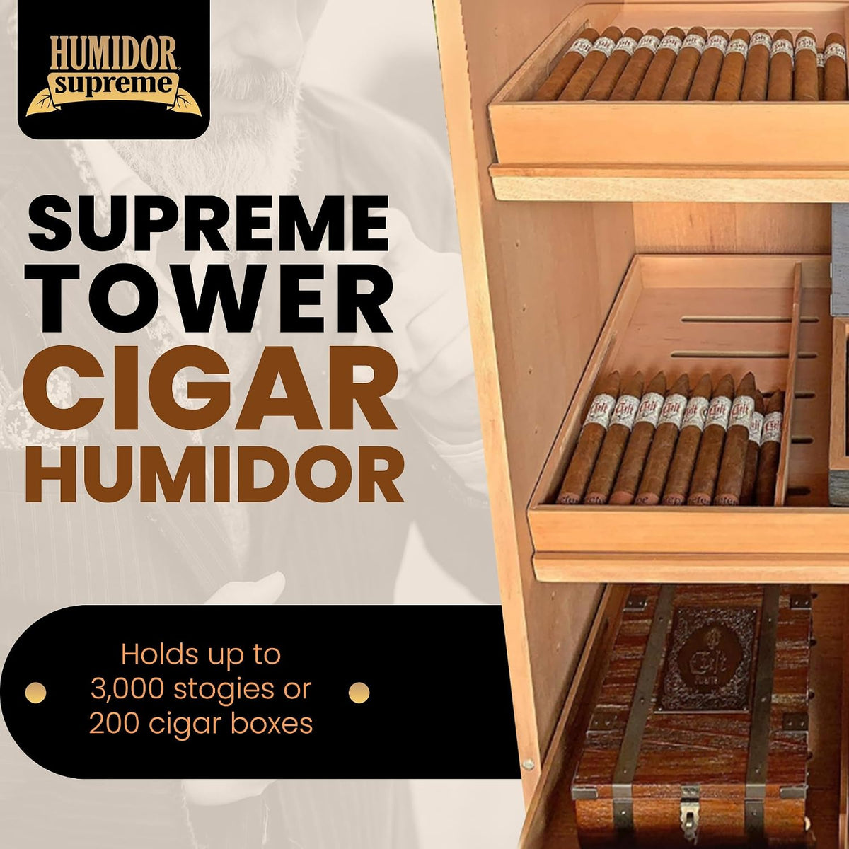 Humidor Supreme Oak Cigar Cabinet Tower Kit with Drawers (2,000+ Cigars)