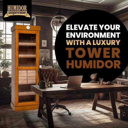 Humidor Supreme Oak Cigar Cabinet Tower Kit with Drawers (2,000+ Cigars)