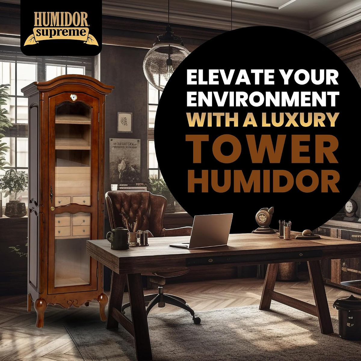 Humidor Supreme Antique Mahogany Tower Kit (2000+ Cigars)