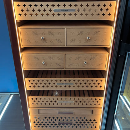 Real-world customer photo of the Raching RR980 humidor, demonstrating its impressive 73-inch height and premium presence in a home collection.