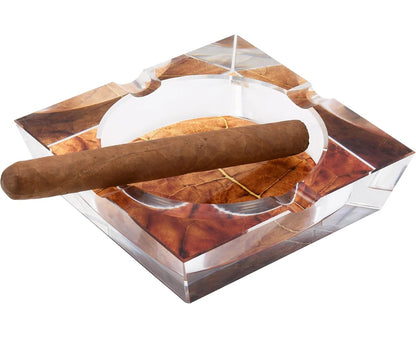 K9 Crystal Square Cigar Ashtray Tobacco Leaf Print