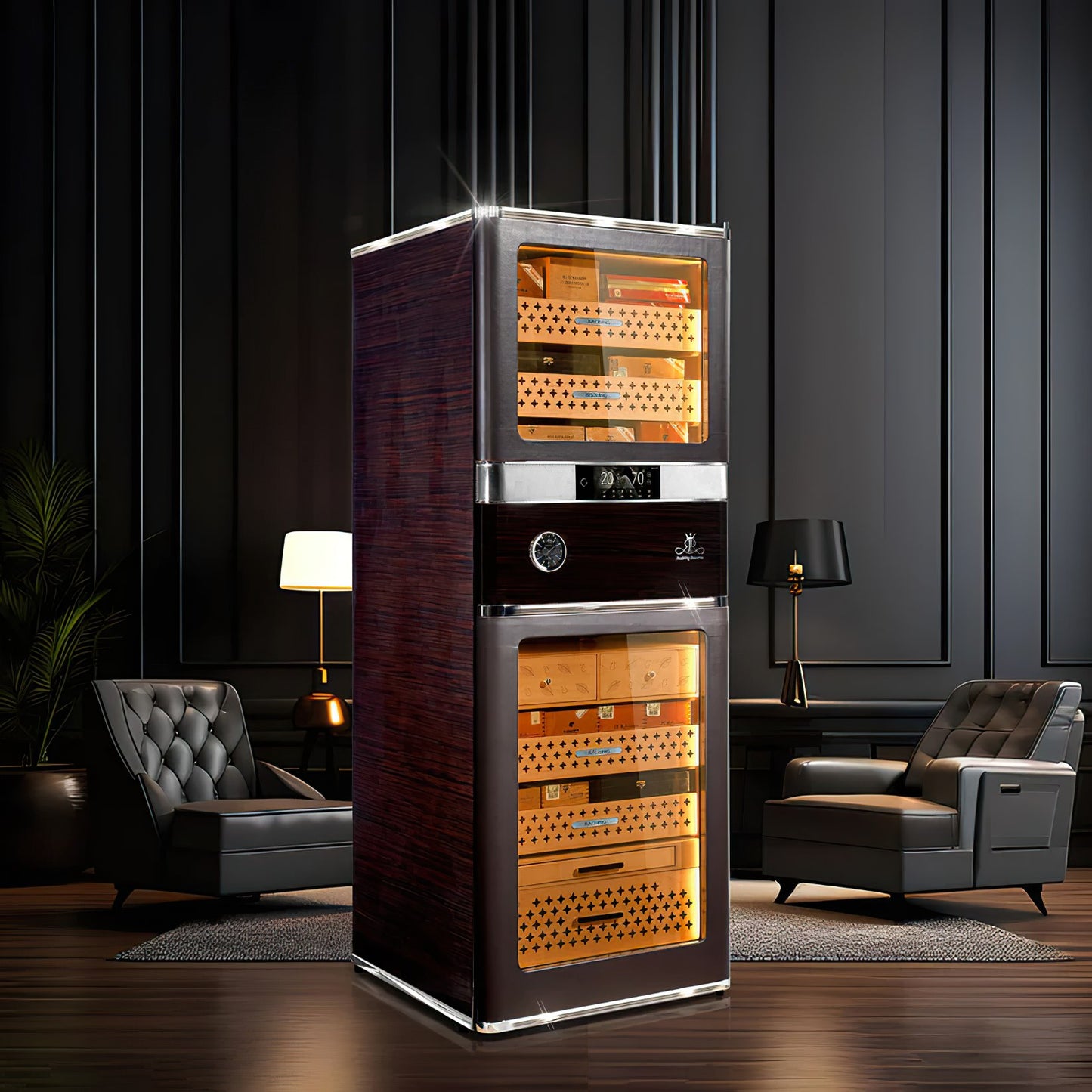 Raching Reserva RR980 Caribbean Black electric humidor in a luxury home lounge setting with modern decor.