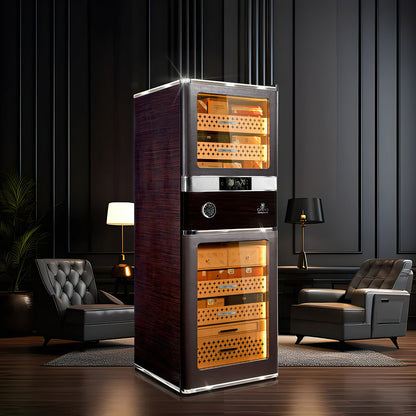Raching Reserva RR980 Caribbean Black electric humidor in a luxury home lounge setting with modern decor.