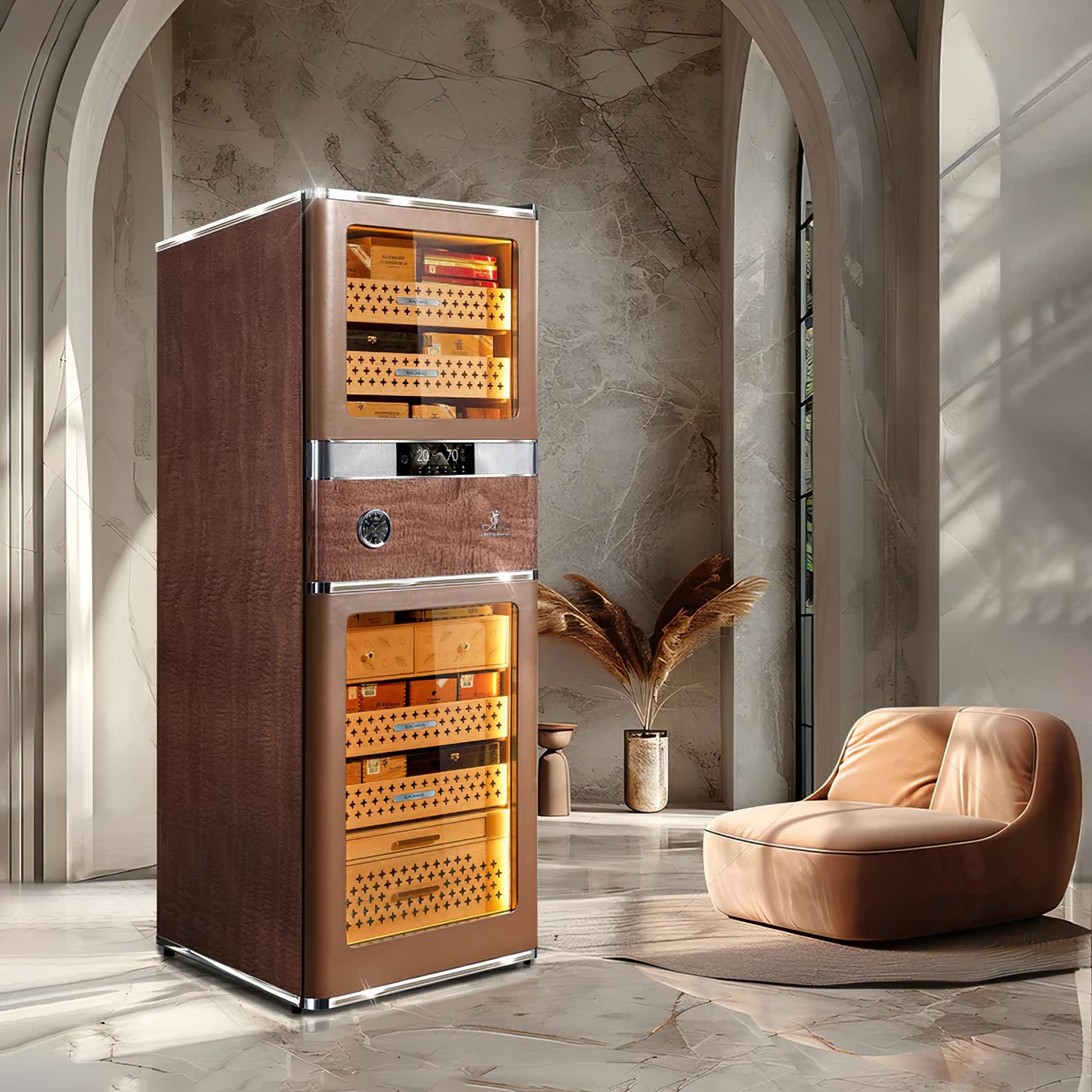 Havana Tan RR980 flagship humidor with light cognac calfskin leather, styled in a classic executive office.