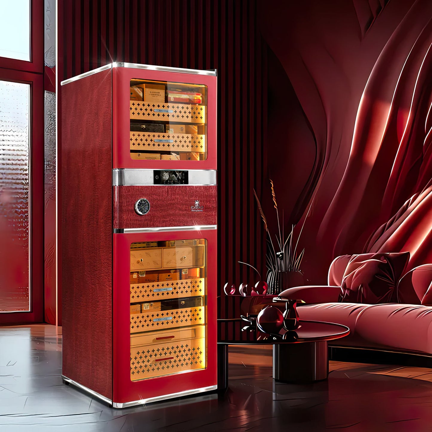 Premium San Diego Red RR980 humidor showcasing the deep mahogany burl wood finish in a private cigar study.