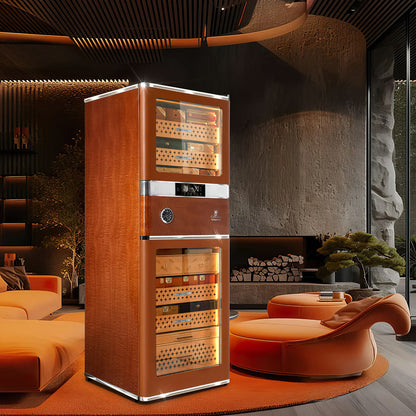 Trinidad Brown RR980 humidor featuring rich espresso burl wood patterns in a high-end club environment.