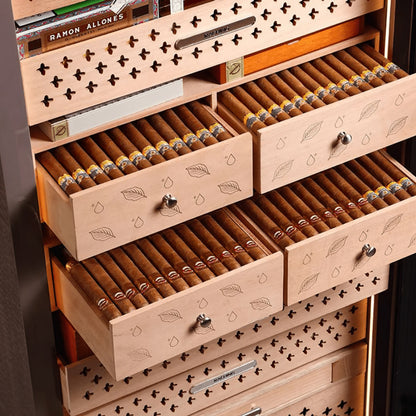 Close-up of RR980 Spanish cedar drawers stocked with premium cigars, highlighting the high-capacity tray design and moisture retention.