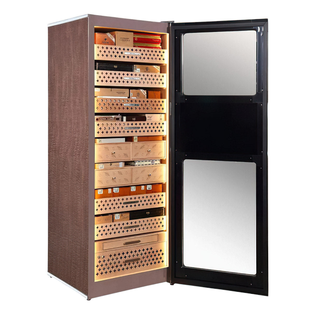 Perspective view of RR980 flagship humidor in Trinidad Brown showing hand-finished calfskin leather side panels and burl wood front.