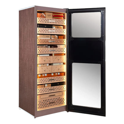 Perspective view of RR980 flagship humidor in Trinidad Brown showing hand-finished calfskin leather side panels and burl wood front.