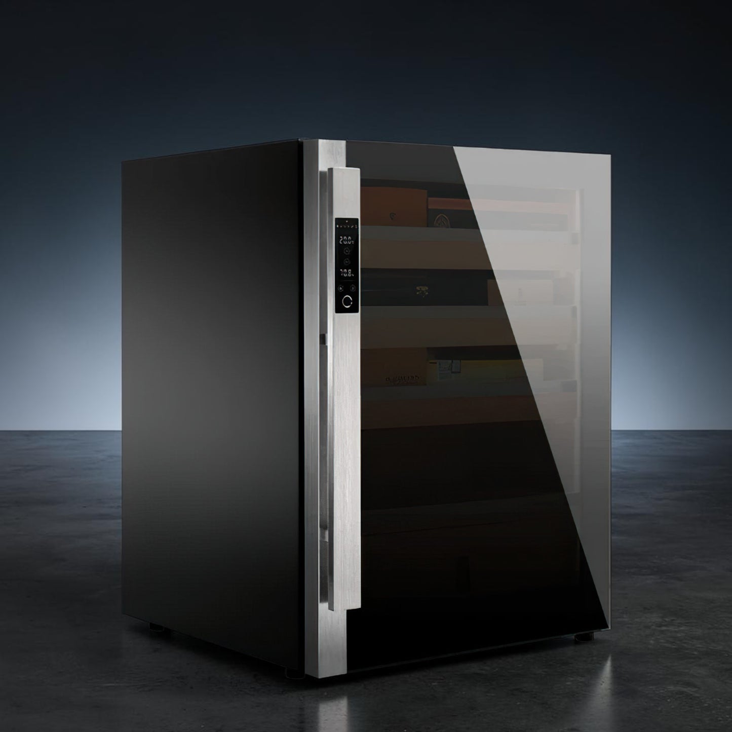 Raching DM50 Dark Matter Series small electric humidor with obsidian finish sitting in a dark room with blue backlighting