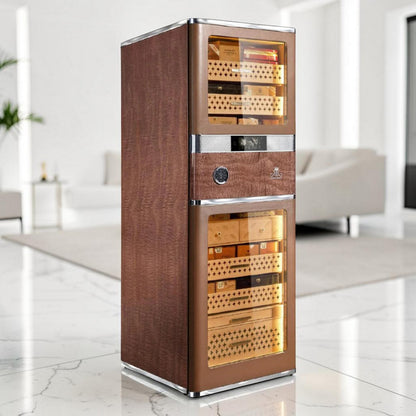 Raching Reserva RR980 Havana Tan Electric Humidor with Burl Wood and Calfskin Leather Finish