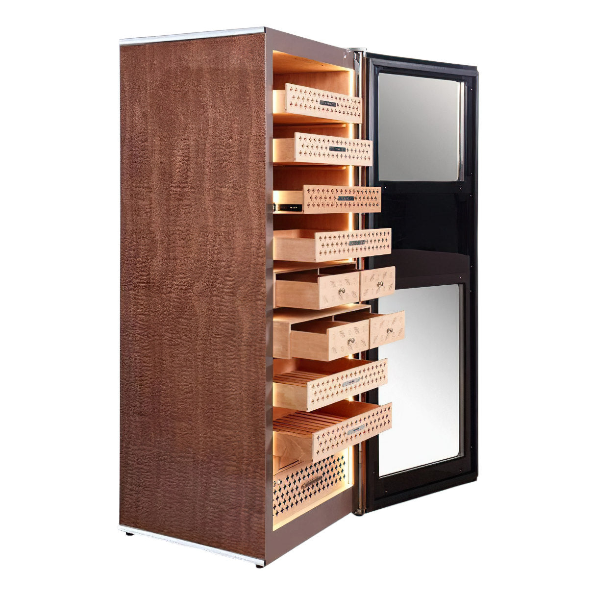 Raching Reserva RR980 Trinidad Brown electric humidor with Spanish cedar shelves partially extended and warm LED lighting.