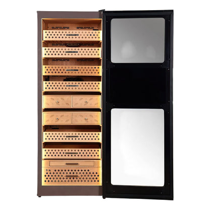 Front view of Raching RR980 Trinidad Brown humidor with door open, showcasing 8-layer Spanish cedar storage and interior climate sensors.