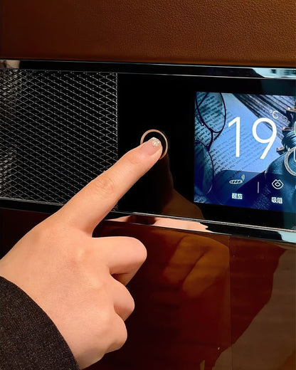 High-definition TFT Retina touchscreen display on the RR980 glass door for controlling temperature and humidity settings.