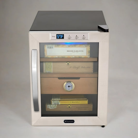 Whynter cooling cigar humidor with digital display on a gray background