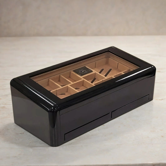 Desktop humidor with storage drawers, high lacquer black finish, and Spanish cedar trays with dividers