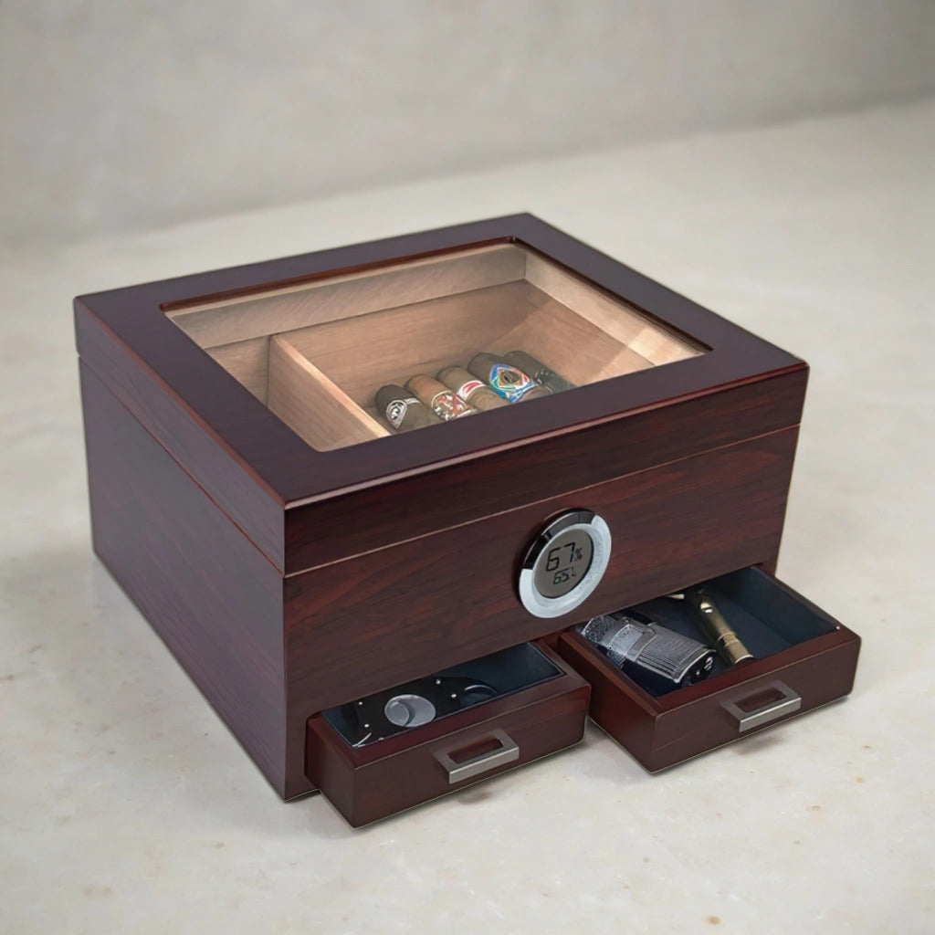 Desktop humidor with glass top and storage compartments