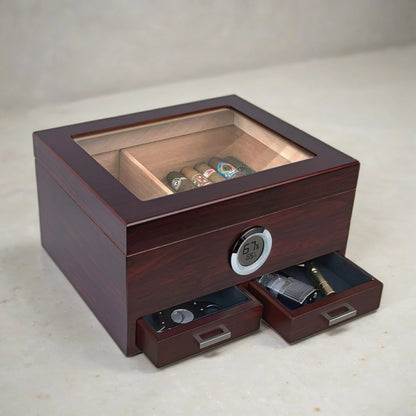 Desktop humidor with glass top and storage compartments