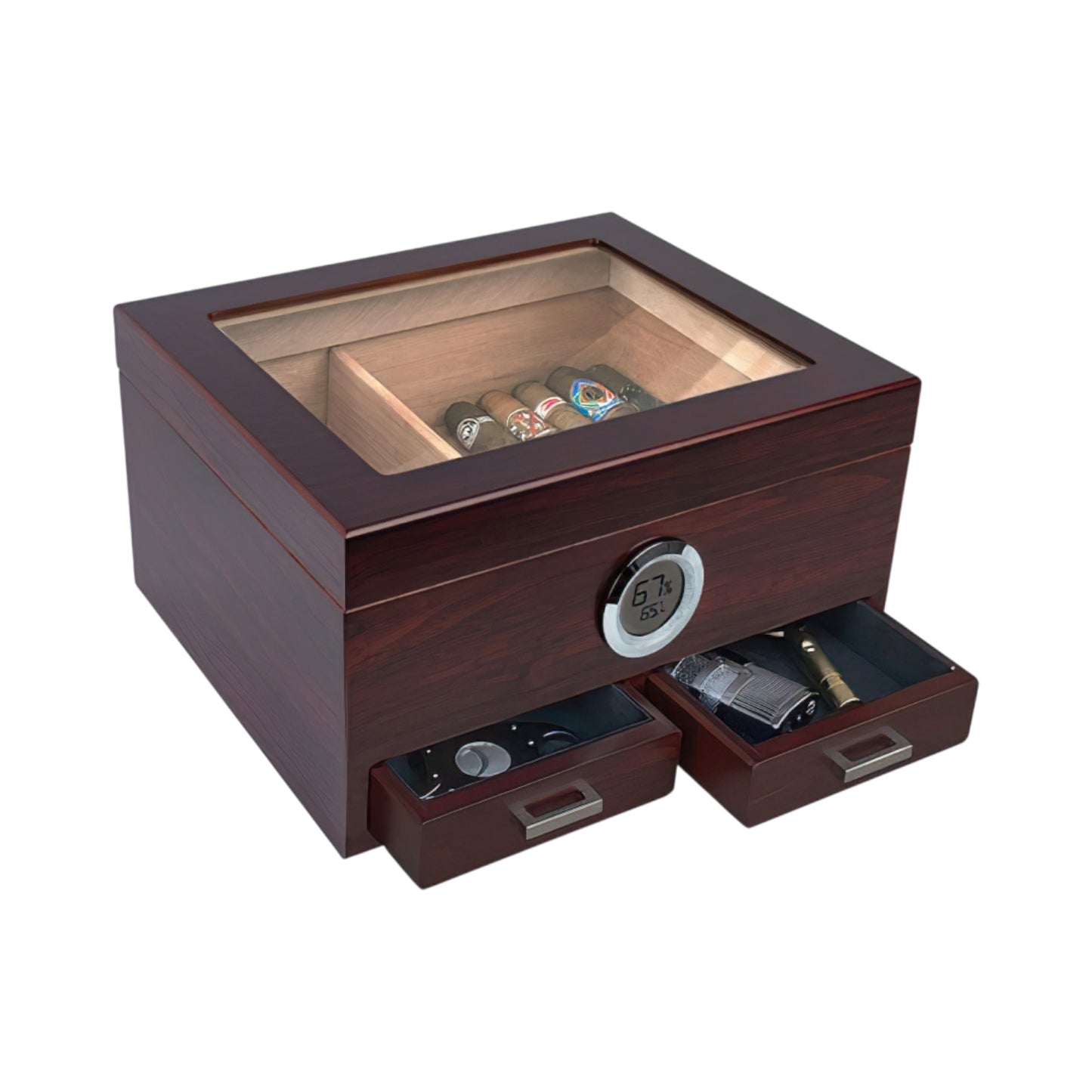 The Chalet 50-Cigar Cherry Glasstop Humidor with Accessory Drawers