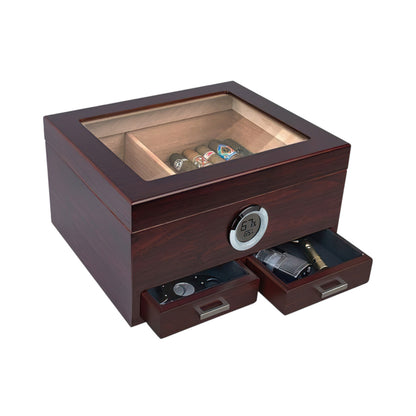 The Chalet 50-Cigar Cherry Glasstop Humidor with Accessory Drawers