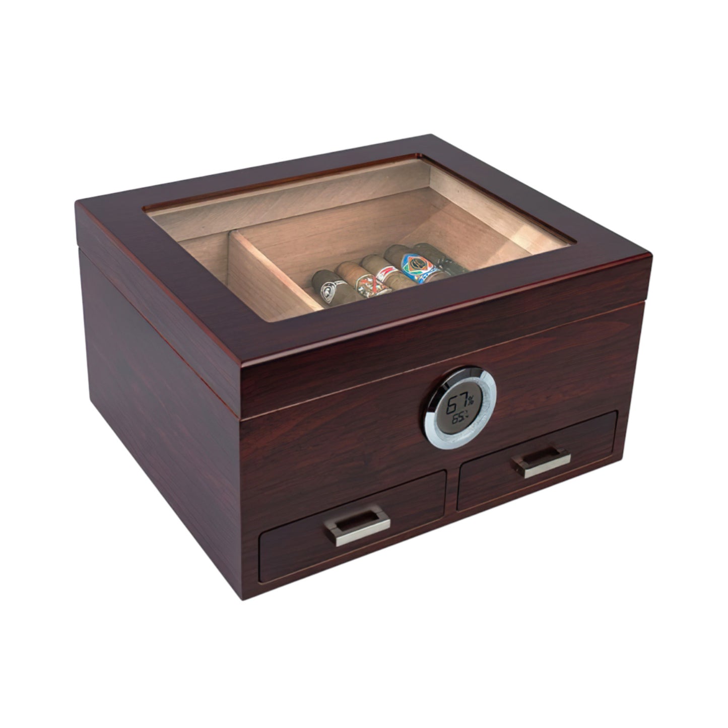 The Chalet 50-Cigar Cherry Glasstop Humidor with Accessory Drawers