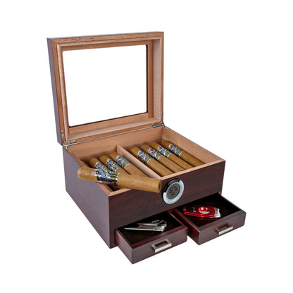 The Chalet 50-Cigar Cherry Glasstop Humidor with Accessory Drawers