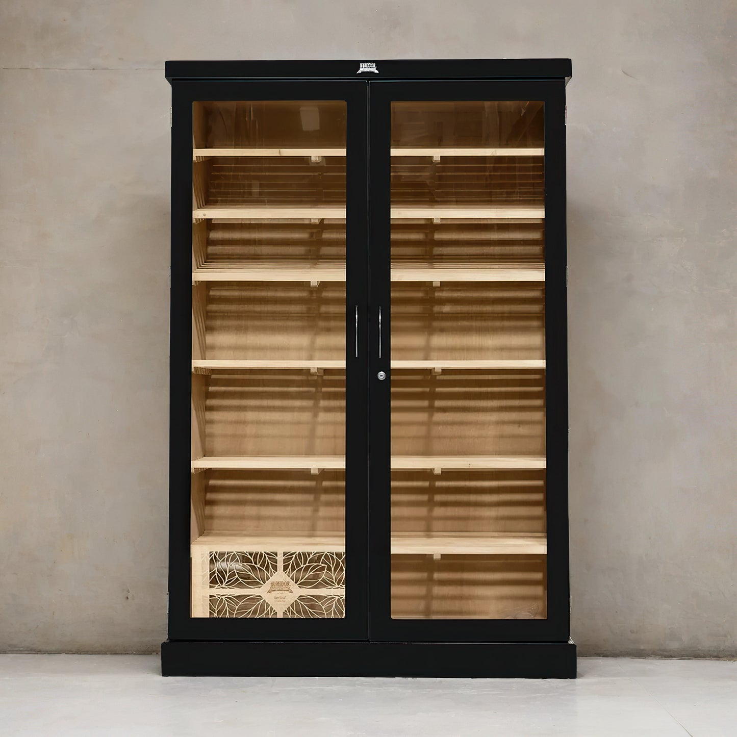 Large black display cabinet humidor with glass doors and 6 layers of Spanish cedar shelves