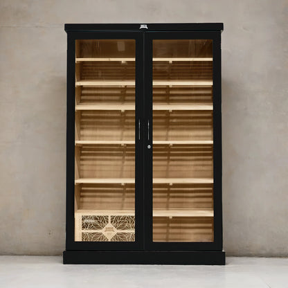 Large black display cabinet humidor with glass doors and 6 layers of Spanish cedar shelves