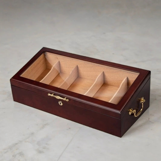 Countertop display humidor with glass top and dark cherry finish
