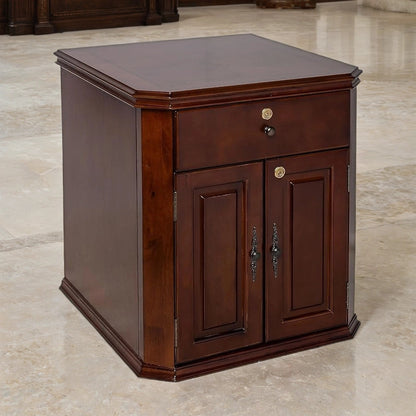 Wooden end table humidor with two doors and a drawer on a marble floor.