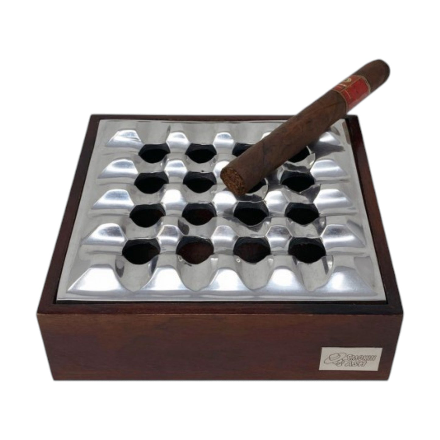 Smokin' Ash Rockford Grid Cigar Ashtray - Aluminum & Mango Wood
