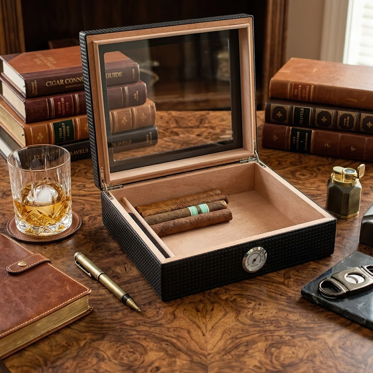 Visol Marvel Diamond Pattern Black Leather Desktop Humidor