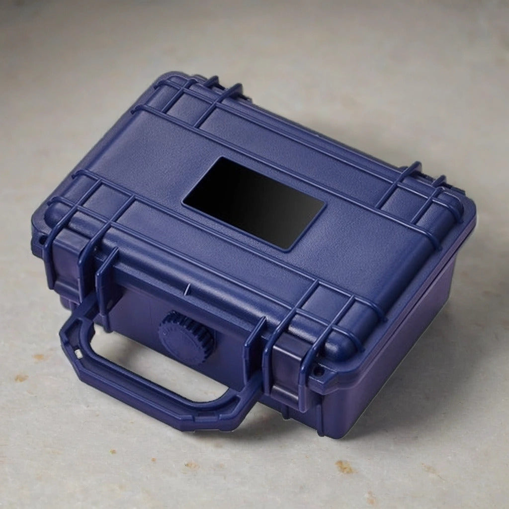 Blue hard-shell travel humidor for cigars on a beige background